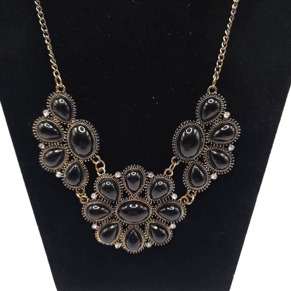 Antique Gold-tone Bib Statement Necklace Black Stones Rhinestone 23-25"